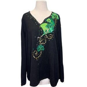 Berek St Patrick Sweater 3XL Beaded Sequin‎ St Patty Shamrock Green Black Gold